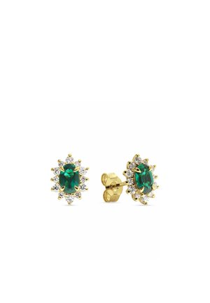 Gold stud earrings with oval green gemstones surrounded by small clear stones in a floral pattern, secured with butterfly backings.