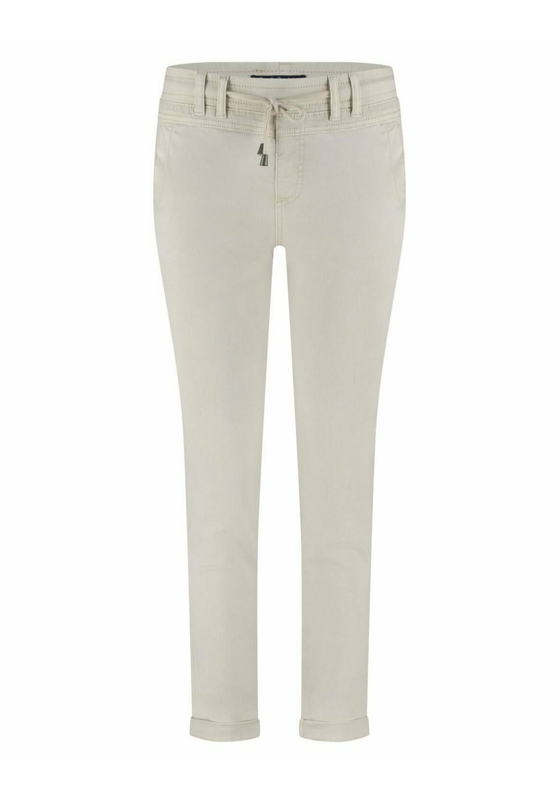Beige katoenen broek in een slim fit met een drawstring tailleband en opgerolde manchetten. Bevat vijf zakken en subtiele stikdetails.