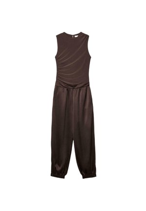 Ärmelloser Jumpsuit aus dunkelbraunem Satin mit gerafftem Detail an einer Seite des Oberteils und elastischen Bündchen an den knöchellangen Hosenbeinen.