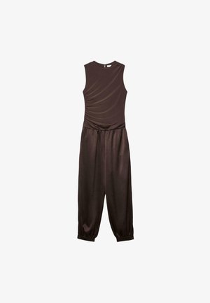 Ärmelloser Jumpsuit aus dunkelbraunem Satin mit gerafftem Detail an einer Seite des Oberteils und elastischen Bündchen an den knöchellangen Hosenbeinen.