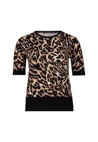 Dzianinowy top z krótkim rękawem z czarnym i panterkowym wzorem, okrągłym dekoltem i jednolitym czarnym wykończeniem. Miękka tekstura i dopasowany krój.
