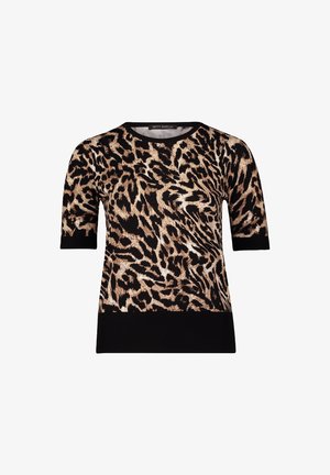 Dzianinowy top z krótkim rękawem z czarnym i panterkowym wzorem, okrągłym dekoltem i jednolitym czarnym wykończeniem. Miękka tekstura i dopasowany krój.