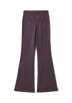 Pantalones de yoga acampanados de color púrpura oscuro con una cintura alta y tela suave, colocados planos sobre un fondo blanco.