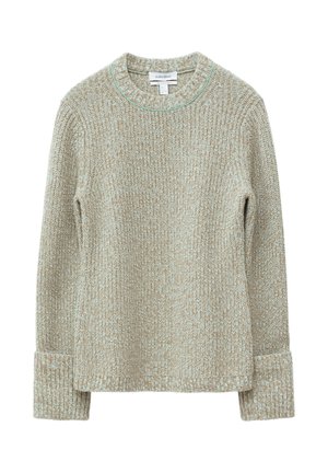 Beiger Strickpullover mit rundem Ausschnitt und hellblauen Akzenten, gerippten Bündchen und einer strukturierten, weich aussehenden Oberfläche.