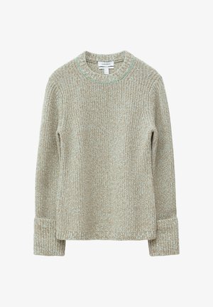 Beżowy dzianinowy sweter z okrągłym dekoltem w jasnoniebieskie akcenty, ściągaczami na mankietach i fakturowaną tkaniną o miękkim wykończeniu.