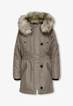 Taupefarbener Wintermantel mit großer, pelzgefütterter Kapuze, Knopf- und Druckknopfverschlüssen, Seitentaschen und elastischem Taillendetail.