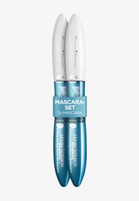 Deux tubes de mascara en blanc et turquoise, avec un design arrondi et une finition brillante. L'emballage comprend un bandeau bleu clair portant l'inscription "Ensemble de Mascara."