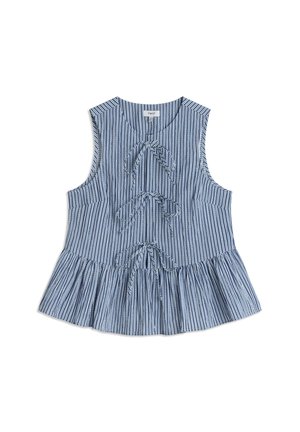Mouwloos blauw-wit gestreept topje met een rimpel peplumzoom, met een strikdetail aan de voorkant en een ronde halslijn.