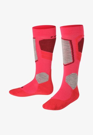Helle pink knielange Socken mit grauen und roten geometrischen Mustern, einschließlich Sechsecken, sowie verstärkten Zehen- und Fersenbereichen.