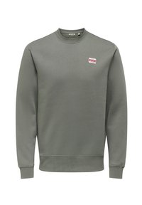 Sudadera gris lisa con cuello redondo, puños y dobladillo acanalados, con un pequeño parche rojo y blanco en el pecho izquierdo.