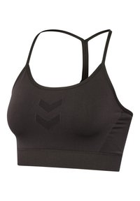 Schwarzer Sport-BH mit dünnen Trägern, breitem Unterbrustband und zwei Chevron-Mustern in der vorderen Mitte für ein dezentes Design.