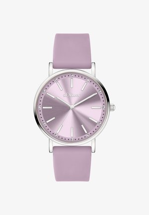 Uhr mit lila Silikonarmband, silberfarbenem Gehäuse, lavendelfarbenem Zifferblatt, silbernen Stundenmarkierungen und kleinen Kristallen rund um die Lünette.