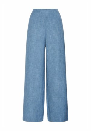 Wide-leg blue pants made from textured fabric with a subtle, light pattern. The high waist features a smooth, elasticized band.
