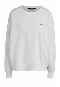 Sudadera blanca de cuello redondo hecha de una tela suave. Presenta hombros caídos y un detalle de texto minimalista en la parte delantera. Puños y dobladillo acanalados.