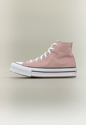 Ροζ καμβάς αθλητικό παπούτσι high-top με λευκά κορδόνια και παχιά λευκή ελαστική σόλα με μαύρες ρίγες, απεικονίζεται από το πλάι σε ουδέτερο φόντο.