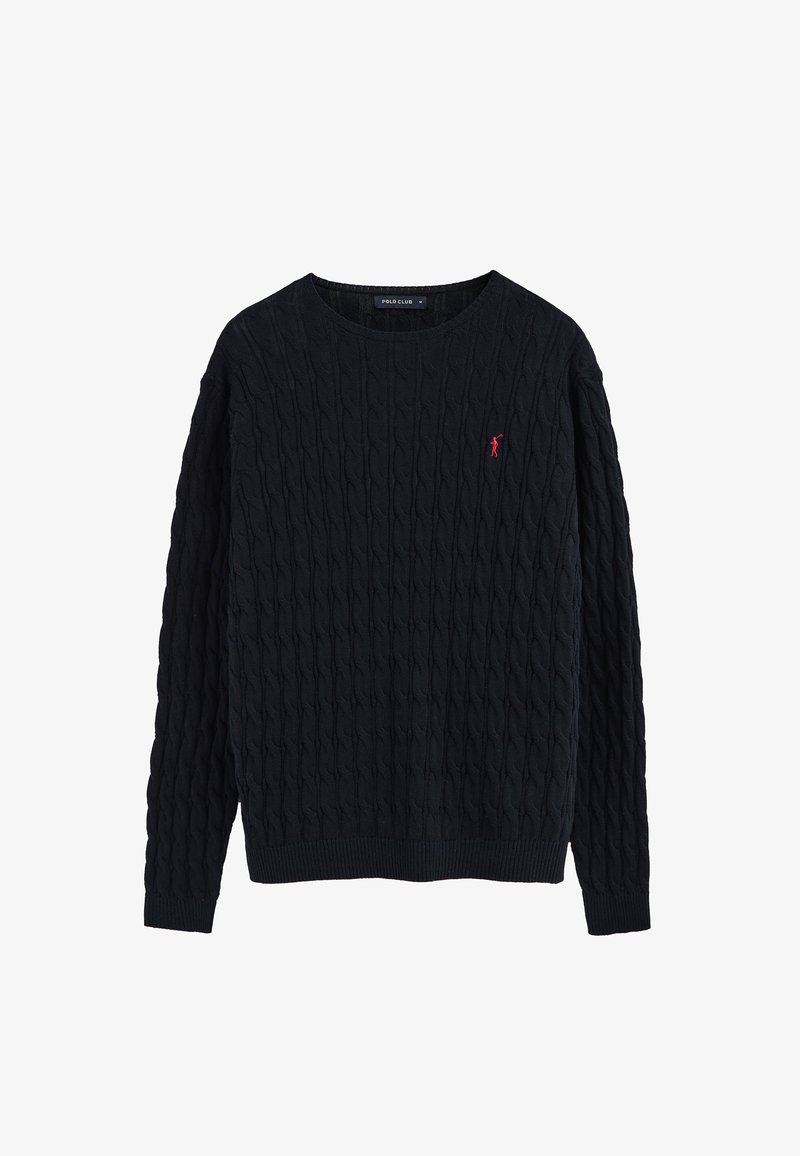 Schwarzer, langärmliger Pullover mit Kabelstrickmuster, rundem Ausschnitt und kleinem, rot besticktem Polo-Spieler-Logo auf der linken Brust.