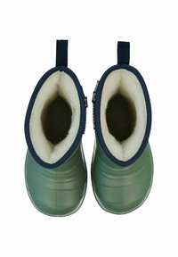 Vihreät vesitiiviit saappaat, joissa on sileä pinta, tummansininen yläreuna ja pehmeä valkoinen vuori. Varustettu kahdella vetonauhalla helppoa pukemista varten.