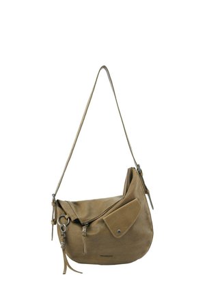 Braune Lederschultertasche mit vorderer Klappentasche, Hauptfach mit Reißverschluss, dekorativen Ringen und verstellbarem Riemen.