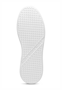 Weiße Sneaker-Sohle mit einer strukturierten Oberfläche, die kleine kreisförmige Muster und diagonale Markenprägung in der Mitte aufweist.