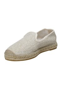 Scarpa slip-on intrecciata realizzata in tessuto di colore chiaro con suola in juta intrecciata; presenta un interno liscio e una punta rotonda.