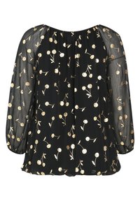 Blouse noire transparente avec motifs floraux dorés, manches 3/4, encolure ronde et dos légèrement froncé pour une coupe décontractée.