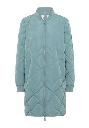 Veste bomber matelassée de couleur teal clair avec une fermeture éclair à l'avant, des poignets côtelés et un motif en diamant sur l'ensemble. Idéale pour les temps frais.