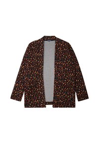 Jas met bloempatroon met een zwarte basis en meerkleurige bloemen. Open voorkant, lange mouwen en een grijze voering. Zachte stof.