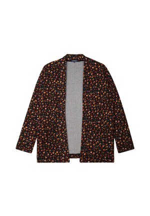 Giacca a fiori con base nera e fiori multicolori. Davanti aperto, maniche lunghe e fodera interna grigia. Tessuto morbido.
