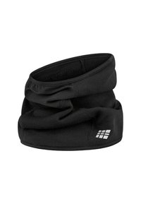 Scaldacollo in pile nero con design a pieghe e un piccolo logo a quadri bianchi su un lato.