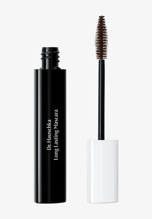 Black cylindrical mascara tube with white cap, labeled “Dr. Hauschka Long Lasting Mascara.” Includes a slender, spiral bristle wand.
