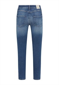 Skinny blue jeans with a faded wash, featuring two back pockets, a mid-rise waist, and a clean hem. Made of denim fabric.