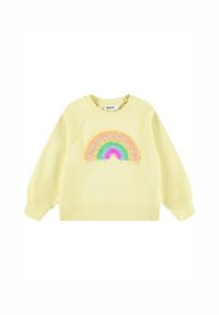Felpa gialla con una grafica arcobaleno in colori morbidi e texture. Presenta maniche raglan e un collo e polsi ribattuti.