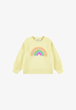 Gul sweatshirt med en regnbågsdesign i mjuka, texturerade färger. Har raglanärmar och ribbad halsringning och ärmavslut.
