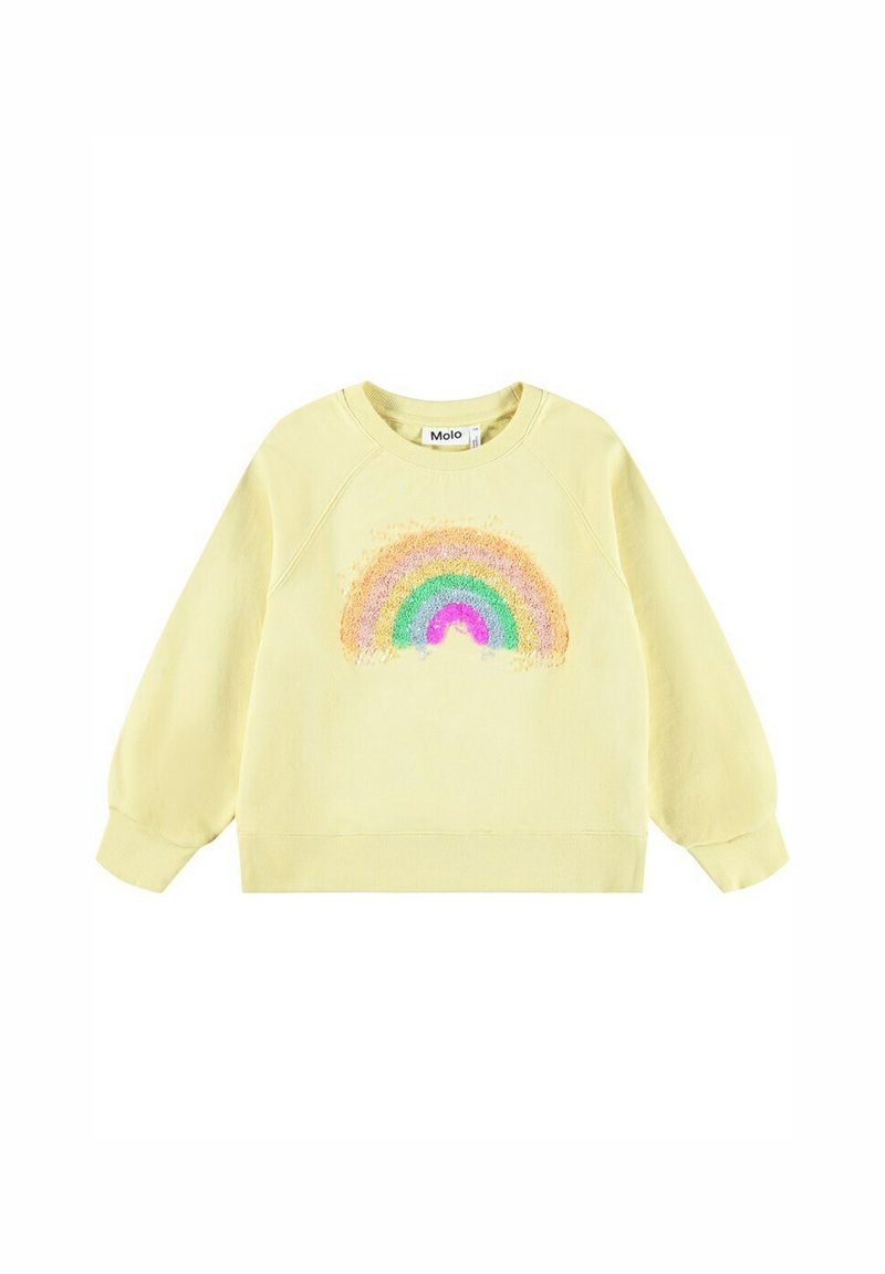 Felpa gialla con una grafica arcobaleno in colori morbidi e texture. Presenta maniche raglan e un collo e polsi ribattuti.