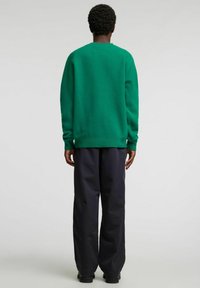 Zielony sweter z dzianiny o okrągłym dekolcie, z długimi rękawami i ściągaczami na mankietach, noszony z luźnymi granatowymi spodniami. Monochromatyczny design.
