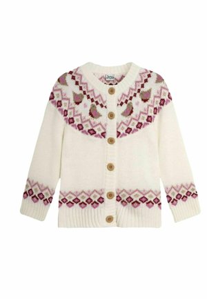 Cremefarbener Cardigan mit einem Fair-Isle-Muster in Pink, Rot und Braun, fünf Holzknöpfen sowie gerippten Bündchen und Saum.