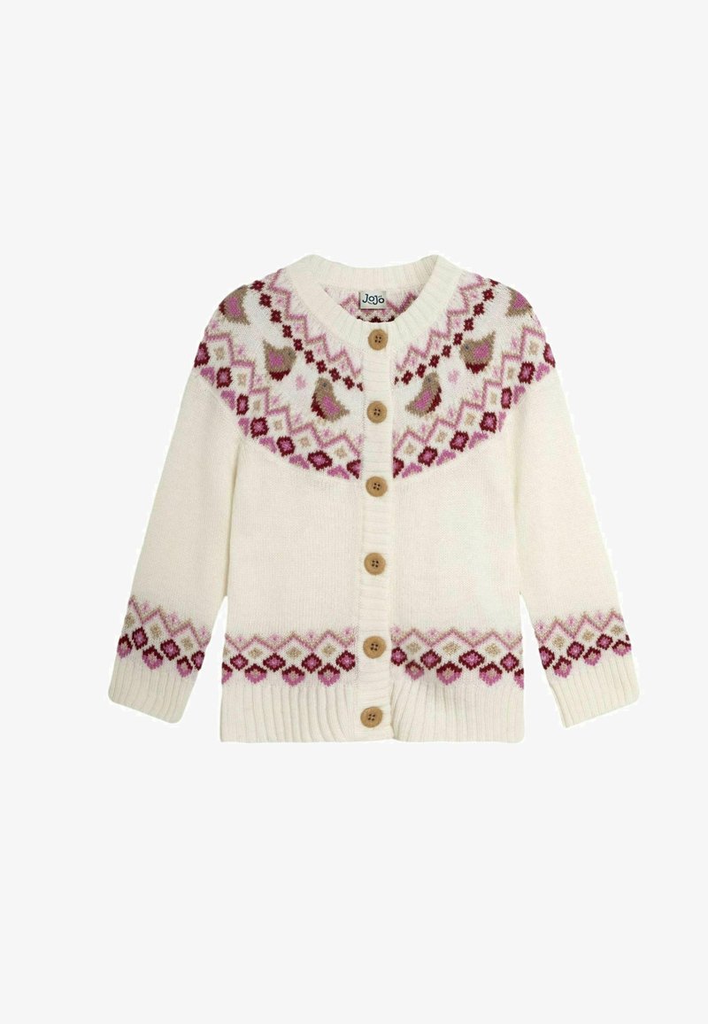 Pulover crem cu model Fair Isle, cu accente roz, roșu și marron, cinci nasturi din lemn și tivuri și manșete răsucite.