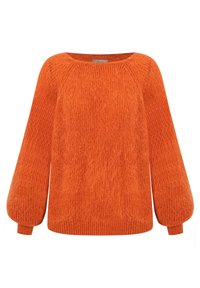 Suéter de lana naranja con un escote amplio, textura acanalada y mangas abullonadas. Presenta un corte relajado y un sutil detalle de costura.