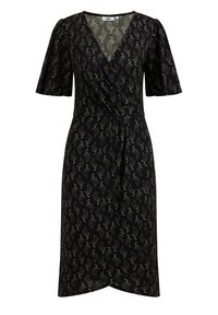 Svart klänning med korta ärmar, med ett metalliskt sjöhästmönster, V-halslinje och en rak nederkant med en lätt slits.