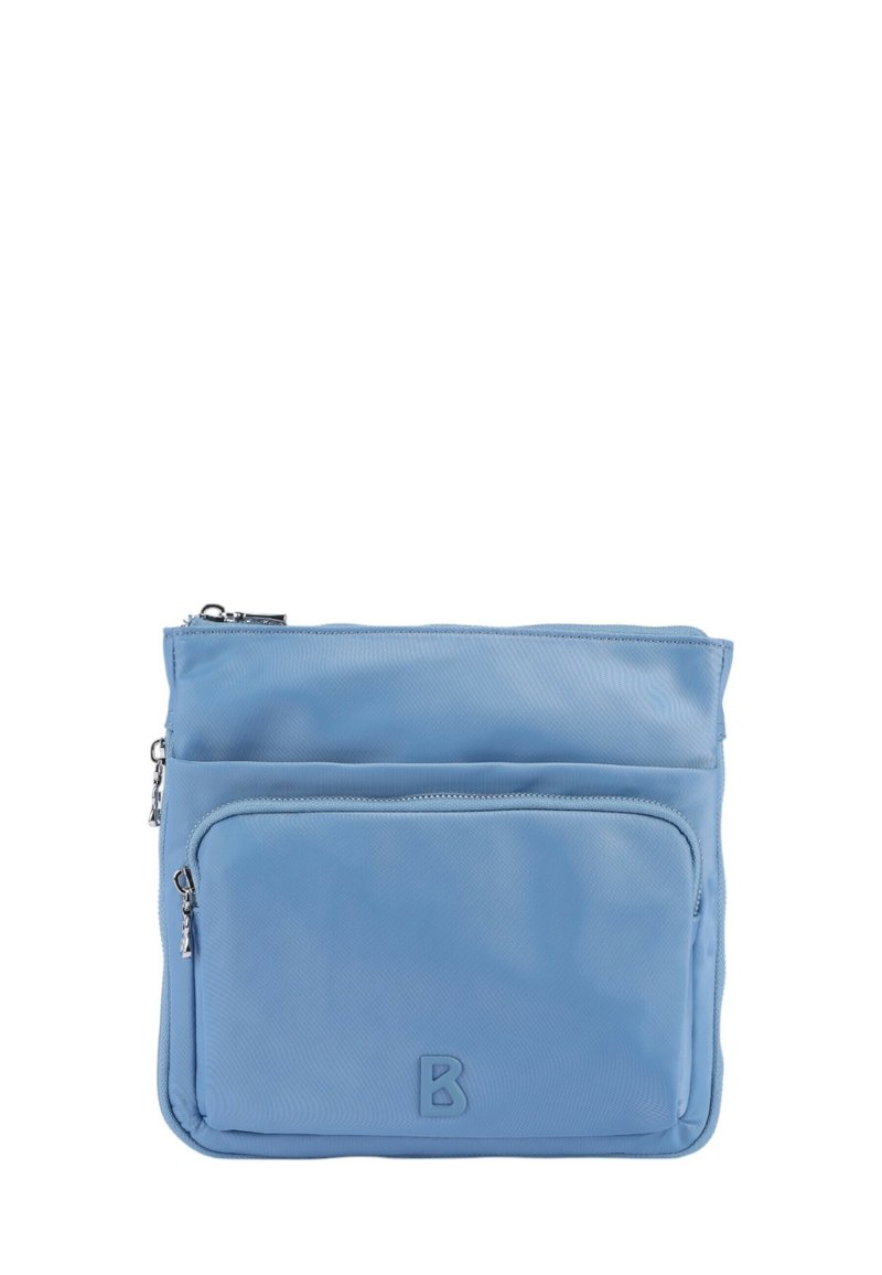 Borsa in nylon blu chiaro con una texture liscia. Presenta due tasche con zip, una grande e una piccola, e la lettera "B" in rilievo sulla parte anteriore.