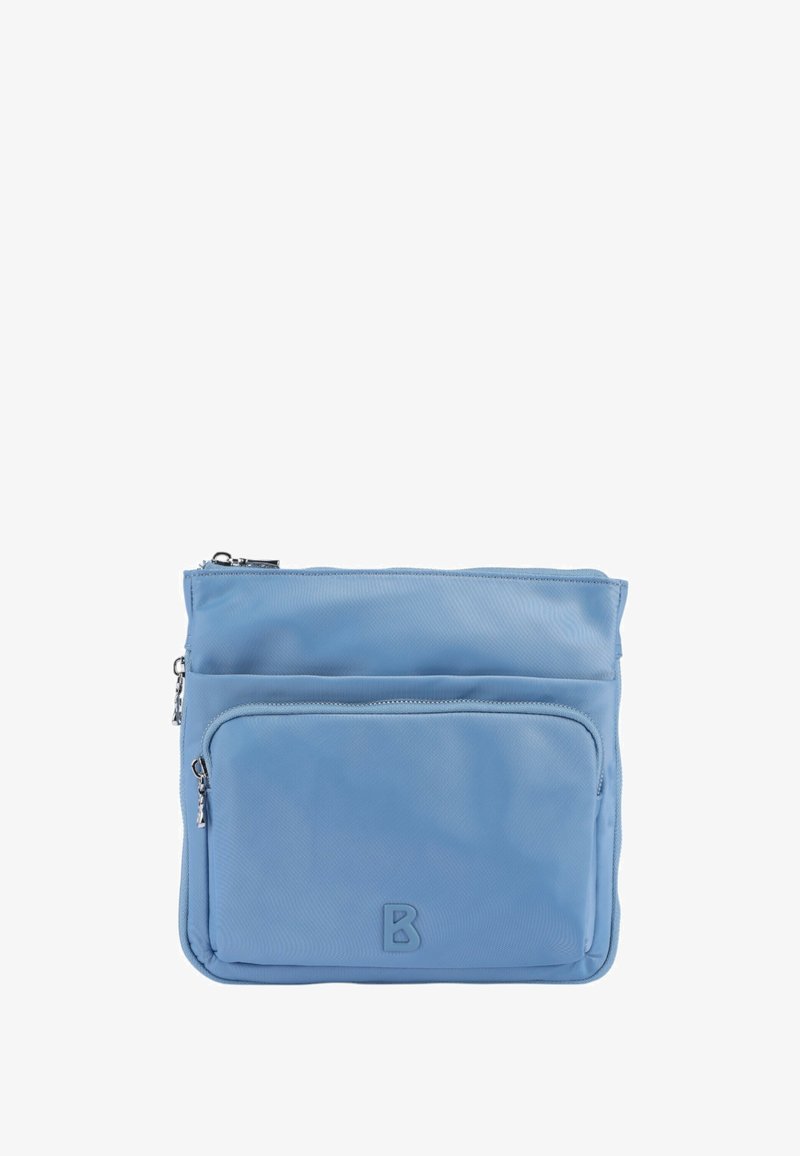 Borsa in nylon blu chiaro con una texture liscia. Presenta due tasche con zip, una grande e una piccola, e la lettera "B" in rilievo sulla parte anteriore.