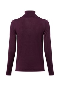 Fioletowy sweter z golfem, długie rękawy, prążkowana struktura, dopasowany krój i czysty dekolt z tyłu. Lekki materiał z dzianiny.