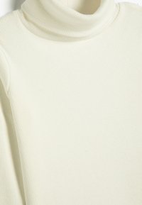 Suéter de tortuga acanalado en color blanco roto con un diseño ajustado, que presenta un cuello alto y una textura suave. Enfocado en un ajuste cómodo y ceñido.