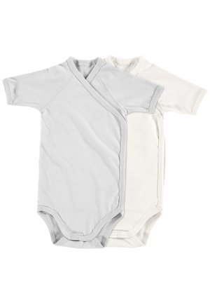 Two short-sleeve bodysuits, one in light gray and one in white, made of soft cotton. Features a wrap design and snap closures at the bottom.