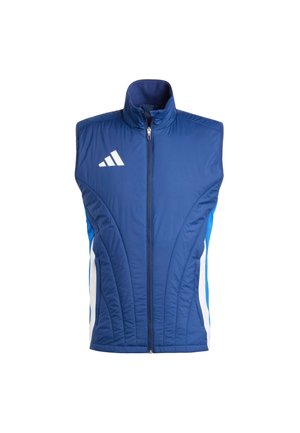 Navy blue padded vest with high collar, front zipper, white Adidas logo, and blue side accents. Features quilted design for insulation.