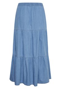 Denim hame, jossa on kerroksellinen muotoilu, vaaleansinisessä värissä, joustava vyötärö ja levenevä alareuna. Pehmeä tekstuuri, rento tyyli.