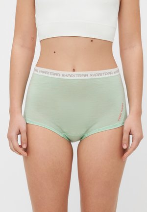 Mintgrønne bomulls-truser med en myk tekstur, med en hvit elastisk midjebånd og røde logo detaljer på siden.