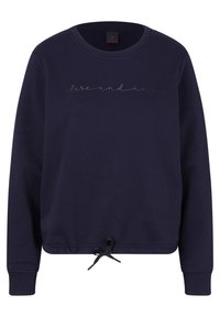 Mörkblå sweatshirt i mjukt material, med rundad halsringning, långa ärmar och dragsko nederkant. Texten "eld och is" i ljusgrått.