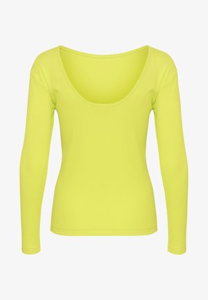 Long-sleeved top in bright yellow, made of stretchy material. Features a wide scoop neckline and fitted silhouette. Smooth texture.