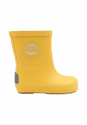 Gelber Gummistiefel mit glatter Oberfläche, grauem Akzent an der Ferse und rundem Logo. Texturierte Sohle für besseren Halt.